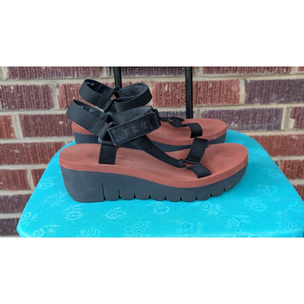 Fly London Yefa Womens Black Leather/Canvas Platform Sandals Sz 41